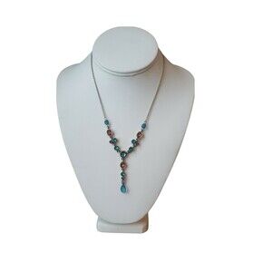 Vintage Avon Necklace Gold Tone Blue Amber Y Drop Adjustable Lariat Lobster Claw